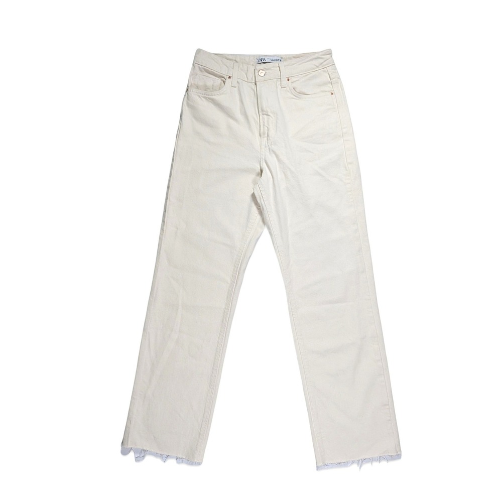 Zara High Rise Straight Leg Jeans Ecru Cream Raw Hem Distressed Cotton Size 4